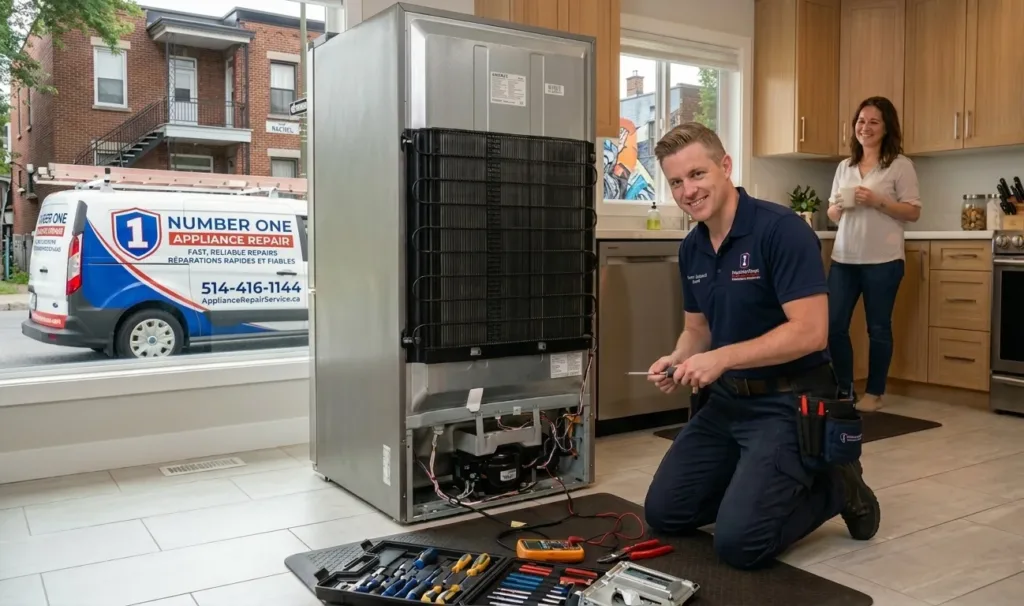 Number One Appliance Repair Van, technician servicing Maytag refrigerator, that wasn't cooling due to faulty evaporator fan blade and motor. Lots of frost build up inside the freezer section. It was successfully fixed and part was replaced with warranty.