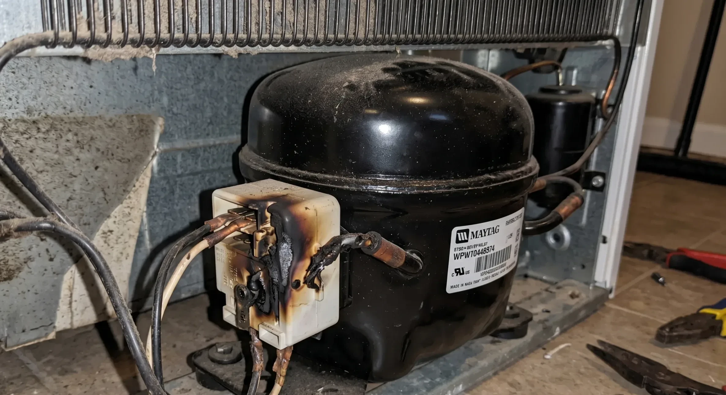 Relais PTC brûlé d'un compresseur de réfrigérateur en panne — réparation d'électroménagers à Montréal, QC