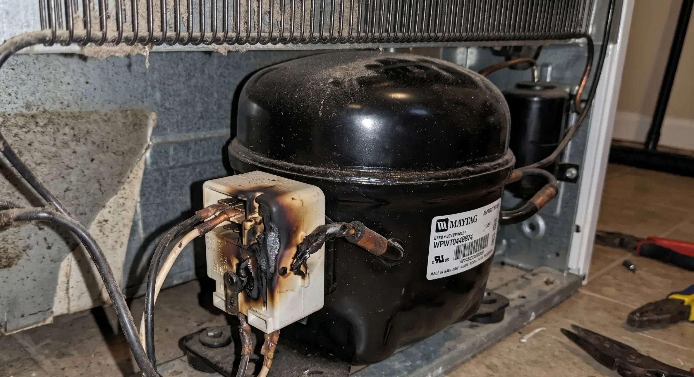 Macro photograph of a burned-out PTC starter relay removed from a major home refrigerator compressor, visually demonstrating the root cause of a thermal overload trip.